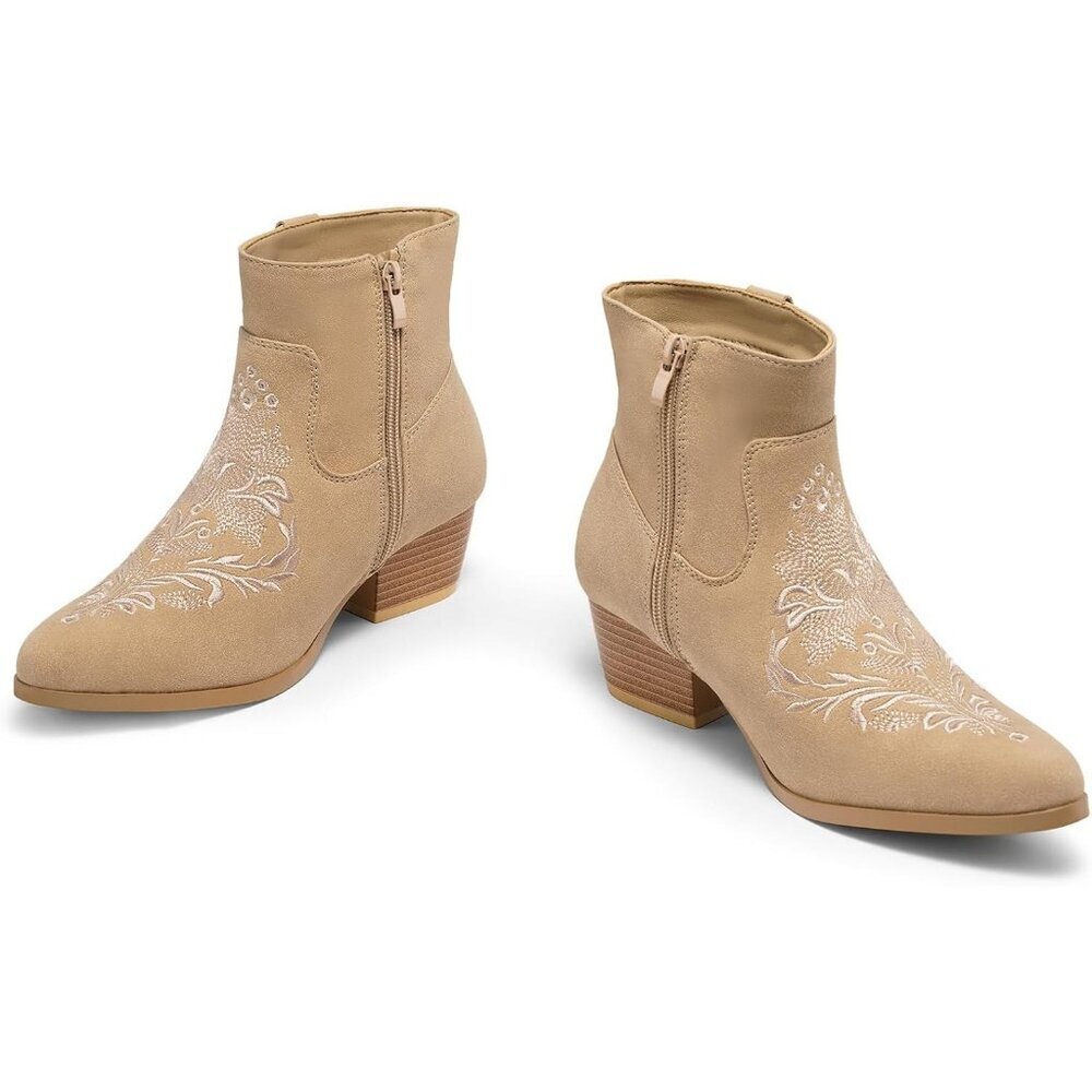 Women's Tan Classic Ankle Boots Low Block Heels Suede Chunky Fashion Booties - Picture 9 of 9